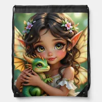 Brown Eyed Elven Fairy and Dragon  Drawstring Bag