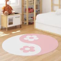 Cute Yin Yang Girly Pink White Floral Rug