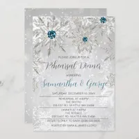 Silver Aqua Snowflakes Winter Rehearsal Dinner Invitation