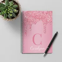 Girly Blush Pink Sparkle Glitter Drips Monogram Notebook