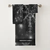 Nighttime Black & Gray Snowflakes Holidays Name Bath Towel Set