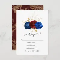 Navy, Red and Gold Floral Wedding RSVP Card