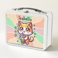 Cute Kawaii Kitten with Bubble Tea Personalized Metal Lunch Box