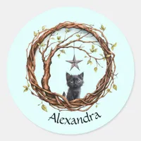 Cute Black Kitten Watching a Star Classic Round Sticker