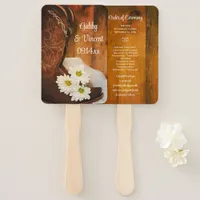 White Daisies Cowboy Boots Western Wedding Program Hand Fan