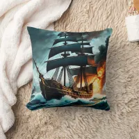 Pirate Ship Engaged in Battle Near Dark Clouds Throw Pillow