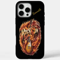 A fiery guitar surrounded by musical notes iPhone 16 pro max case