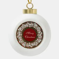 Stylized White Wreath on Red and Green Stripes Ceramic Ball Christmas Ornament