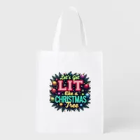 Let's Get Lit -  Funny Christmas Pun Graphic Holid Grocery Bag