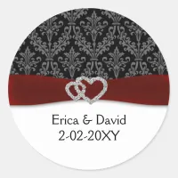 diamante damask red wedding classic round sticker