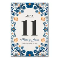 Blue Orange Floral Elegant Fiesta Spanish Wedding Table Number
