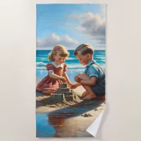 Children Building a Sandcastle on the Beach  Beach Towel