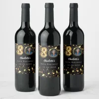 80th birthday black gold stars photo wine label