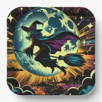 A Witch and a Full Moon Halloween Party Paper Plates