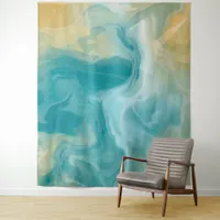 Ocean Blue Waves and Sandy Brown Fluid Art Tapestry