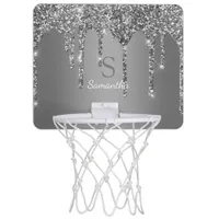 Silver Glitter Sparkle Drips Foil Monogram Name Mini Basketball Hoop