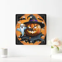 Halloween ghost floats beside a carved pumpkin square wall clock