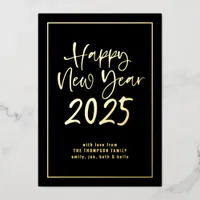 Script Border Happy New Year 2025 Photo Black Foil Holiday Card