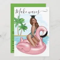 Pink Flamingo Beach Brunette Girl Graduation Party Invitation