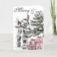 Merry & Bright  -  Baby Goat Christmas Holiday Card