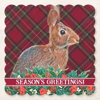 Rabbit with Holly Berries and Plaid Paper Coaster