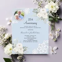Blue white florals photo 25th wedding invitation