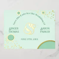 Ampersand Retro Green Gold Wedding Save the Date Foil Invitation Postcard