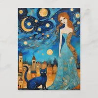 Lady and the Cat in the City at Night Postcard