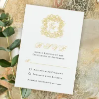 Elegant Script Gold Monogram Crest Wedding RSVP Card