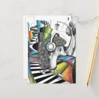 surreal colorful hedgehog listens to music postcard