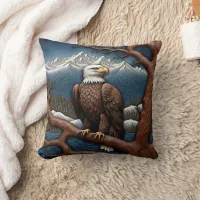 Majestic Eagle Perched by Serene Mountain Lake Throw Pillow