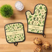 Country Style Garden Herbs Patterned Cook Oven Mitt & Pot Holder Set