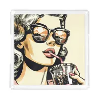 Pop Art Comic Book Pretty Woman Drinking Soda Acrylic Tray