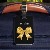 Black gold bow name script luggage tag