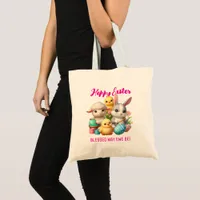 Hoppy Easter Cute Bunny Chicks Lamb Painting Eggs Tote Bag