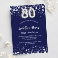 80th birthday navy blue silver stars invitation