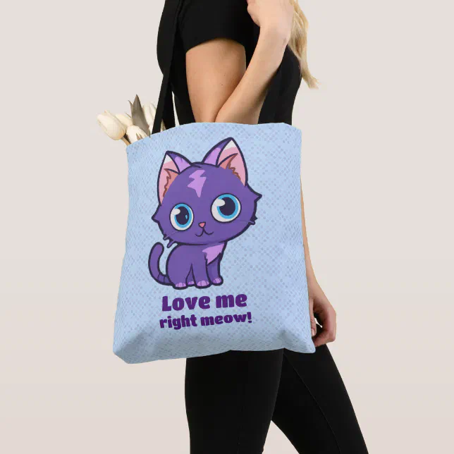 Purple Anime Cat Vector Art Blue Tote Bag