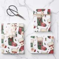Patchwork Christmas Stockings Red Green White Wrapping Paper Sheets