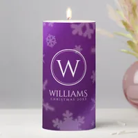 Festive Purple Foil Snowflakes Monogram Name Pillar Candle