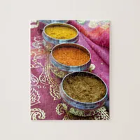 Indian Spice Pots on Pink and Gold Sari Jigsaw Puzzle