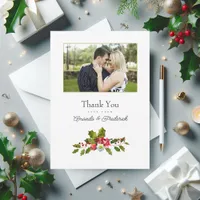 Vintage Holly and Ivy Christmas Wedding Photo Thank You Card