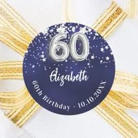 60th birthday navy blue silver stars classic round sticker