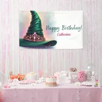 Whimsical Crown & Green Witch Hat Birthday Banner