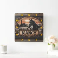 Horse and Farm Scene With Nameplate at Sunset Square Wall Clock