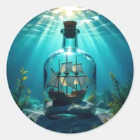 Ship in a Bottle in the Ocean  Classic Round Sticker