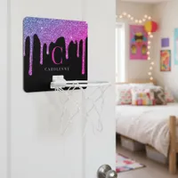 Purple Hot Pink Glitter Drips Monogram on Black Mini Basketball Hoop