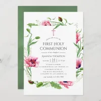 Watercolor Pink Poppies First Holy Communion Invitation