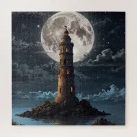 Lighthouse lit via moonlight on a clear night jigsaw puzzle