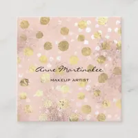 Makeup Artist Gold Polka Dots Brushed Metal Glam Square Business Card