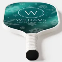 Festive Light Blue Foil Snowflakes Monogram Name Pickleball Paddle